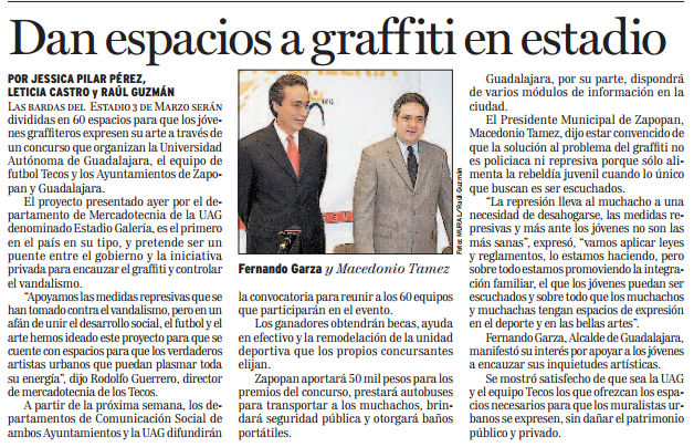 Dan espacios a graffiti en estadio