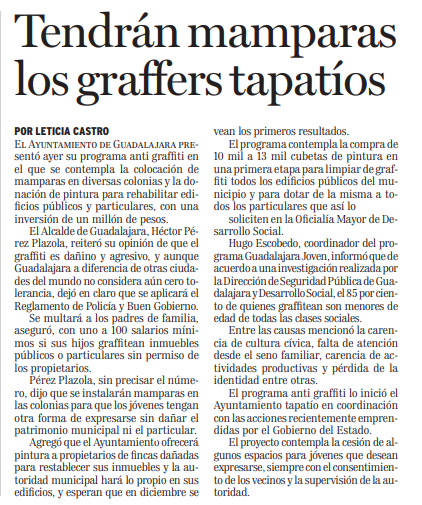 Tendrán mamparas los graffers tapatíos